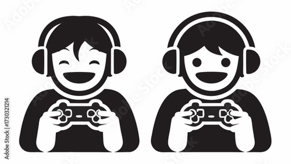 Fototapeta Two gamers with headphones holding controllers in black and white illustration style artwork design