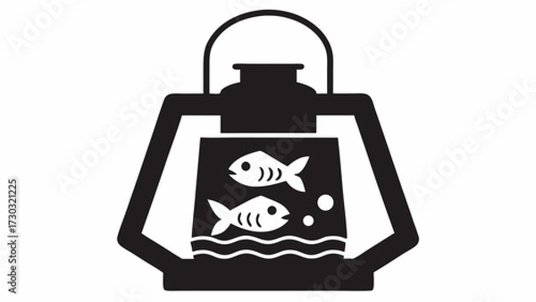 Fototapeta Illustration of a black lantern with two white fish swimming in water inside the lantern glass case