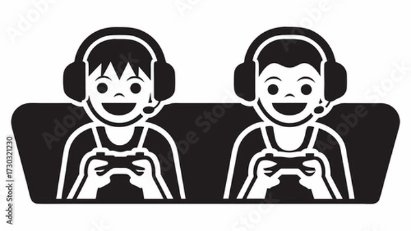 Fototapeta Two cartoon gamers with headsets and controllers smiling in a black and white vector illustration style