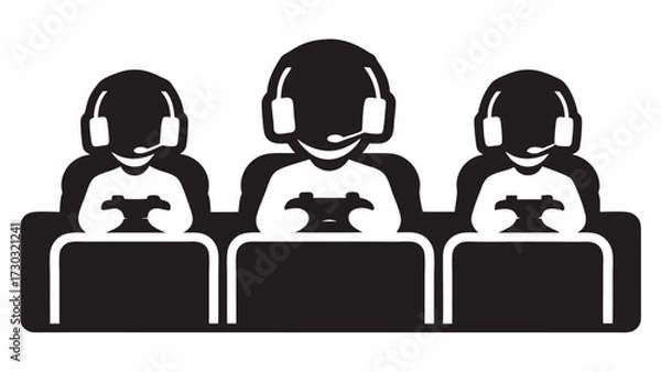 Fototapeta Three gamers with headsets holding controllers sitting at desks in a black and white illustration