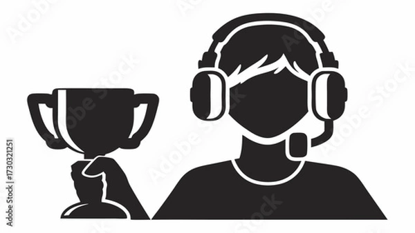 Fototapeta Illustration of a gamer wearing a headset and holding a trophy in his hand in a black and white design