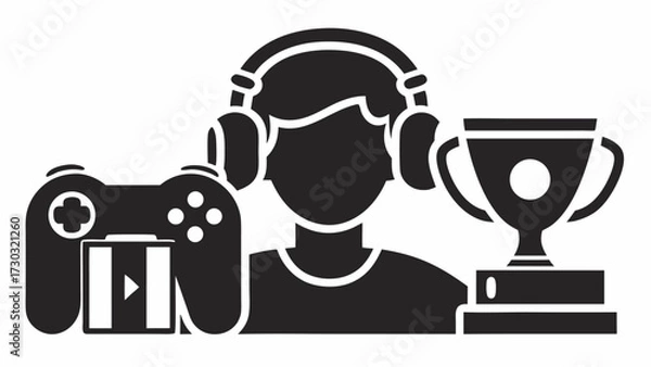 Fototapeta Illustration of a gamer with headphones, a game controller, a game cartridge and a trophy on a white background