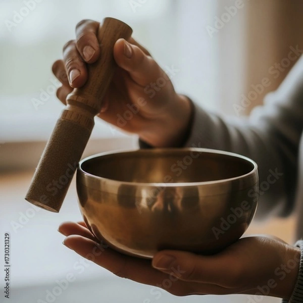 Fototapeta Hands holding a singing bowl with a wooden mallet poised to strike for meditation and relaxation practice