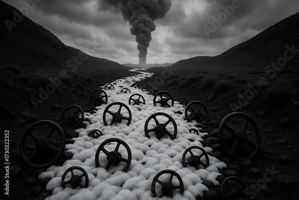 Fototapeta Surreal apocalyptic landscape with strange wheels scattered in barren valley and smoke rising in distance