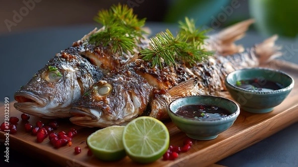 Obraz Two baked fish served with lime and side sauces, providing a savory and aromatic dish perfect for sharing.