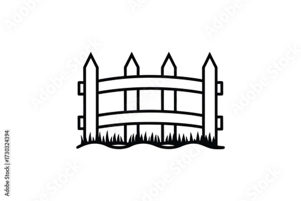 Fototapeta Simple black and white drawing of a picket fence with grass silhouette