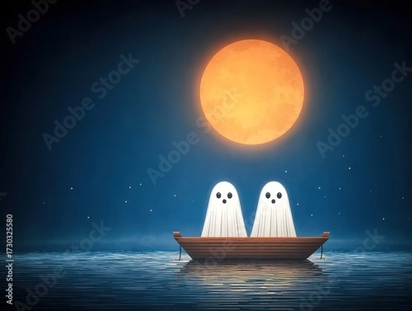 Obraz Children's Book Illustration-Style Halloween Ghosts in Love: Two Cute Little Ghosts in Same Sea Boat Under Moonlight (Full Color, Light & Shadow)