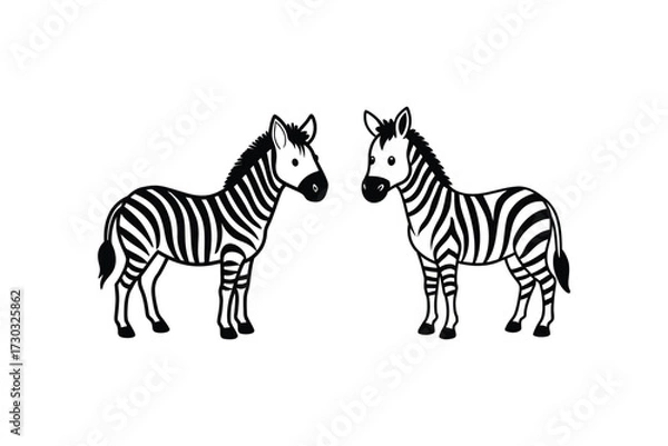 Fototapeta Two zebras facing each other in a simple black and white illustration silhouette