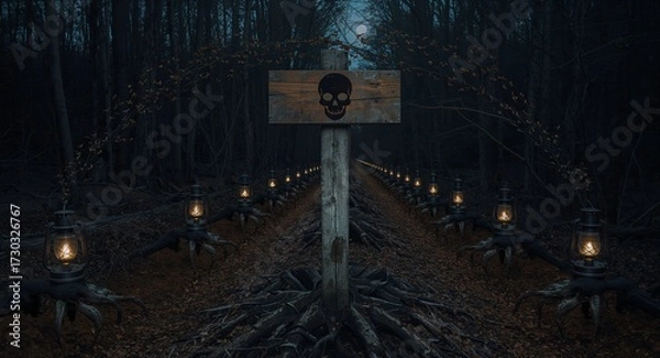 Fototapeta Halloween skull warning sign on eerie lantern‑lined forest path under moonlight.