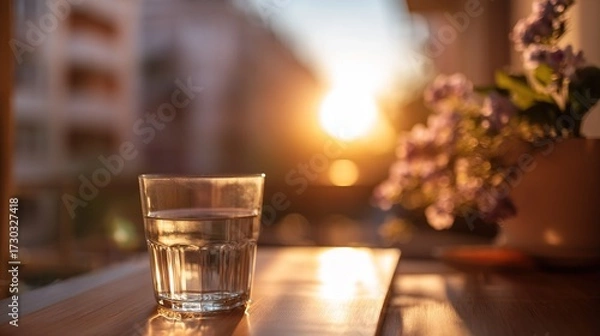 Fototapeta A glass of water sits on the table, with the sunset in the distance and flowers and plants in the background, creating a peaceful and serene atmosphere in this high-resolution scene.