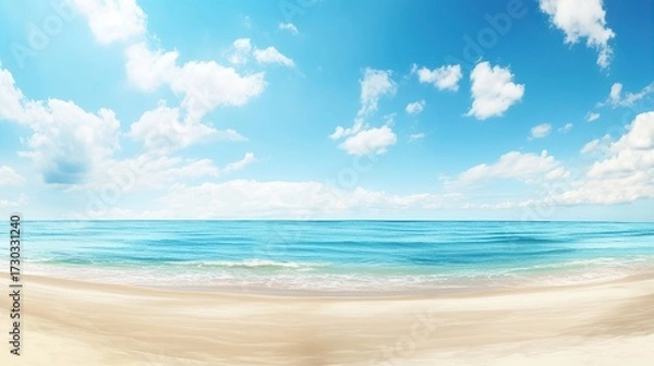 Fototapeta Vast flat beach with soft sand, calm sea and clear blue sky, visible distant horizon adds depth, ideal for travel promotions, poster design and digital art projects.