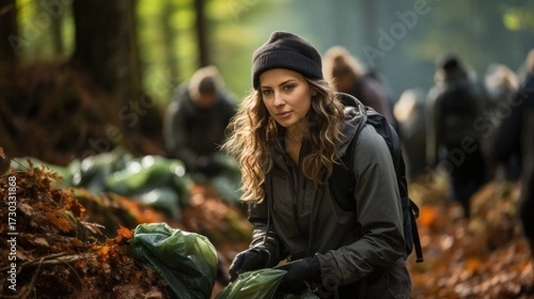 Fototapeta Woman volunteering in autumn forest cleanup, collecting trash in bags as part of community action and environmental care