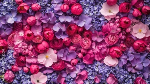 Obraz Luxurious flower arrangement showcasing hydrangeas and ranunculus blossoms in pink and purple