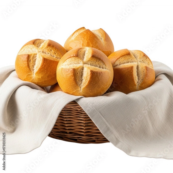 Fototapeta Golden brown bread rolls arranged in a woven basket with a white cloth isolated on a transparent background