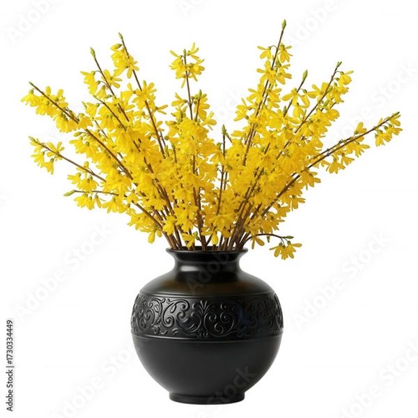 Fototapeta Vibrant yellow forsythia branches arranged in a decorative black vase isolated on a transparent background