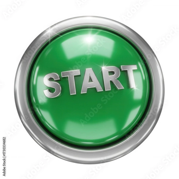 Fototapeta Green glossy button with silver metallic rim and start text isolated on a transparent background image