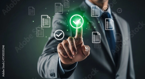 Fototapeta Businessman touching glowing green check mark icon for digital document approval, verification, compliance, quality assurance, and corporate validation technology concept
