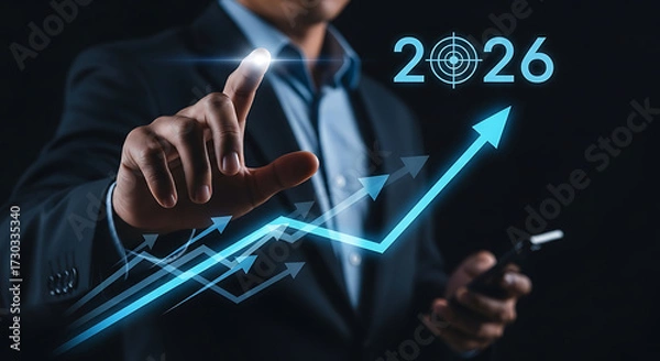 Fototapeta Business growth forecast 2026, businessman pointing at rising graph with target goal, financial success, investment strategy, and futuristic business technology concept