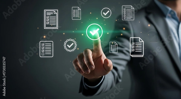 Fototapeta Businessman approving digital documents with glowing green check mark, concept of online verification, quality control, electronic signature and data validation