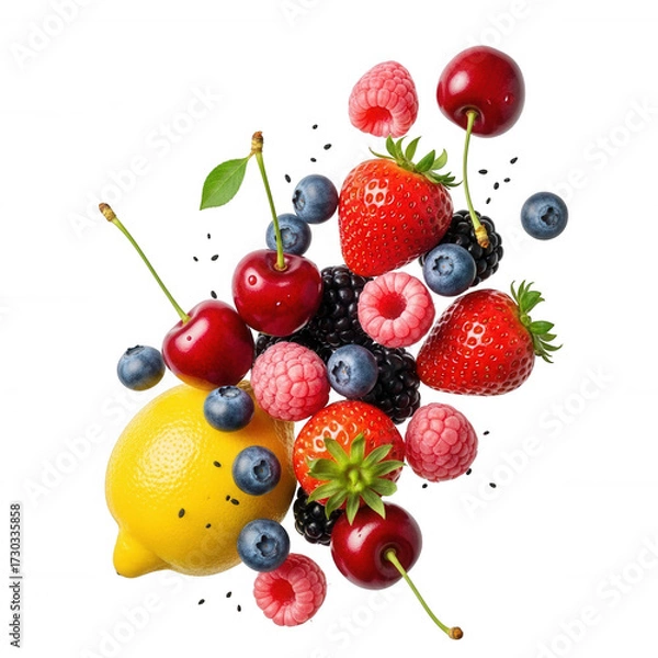 Fototapeta Vibrant assortment of fresh berries and citrus fruit against a dark background isolated on a transparent background