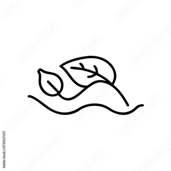Fototapeta Line art illustration of leaves on abstract waves concept of icons  