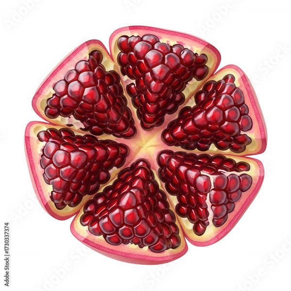 Fototapeta Vibrant red pomegranate arils arranged in segments isolated on a transparent background fruit seeds