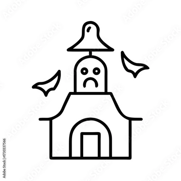 Fototapeta Cartoon ghost house with sad expression and flying bats icons  