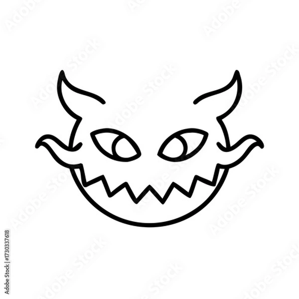 Fototapeta Black outline of a mischievous monster face with horns and fangs, concept of icons  