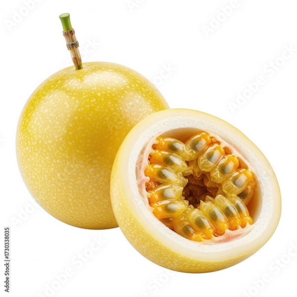 Fototapeta Yellow passion fruit cut open revealing pulp and seeds isolated on a transparent background passionfruit