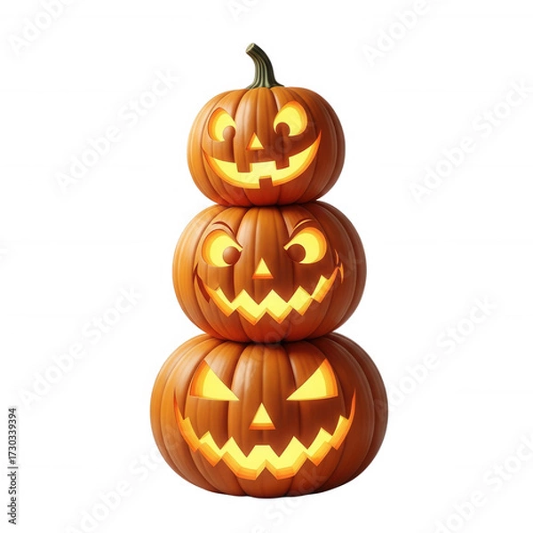 Fototapeta Stacked carved glowing pumpkins isolated on a transparent background halloween jackolantern