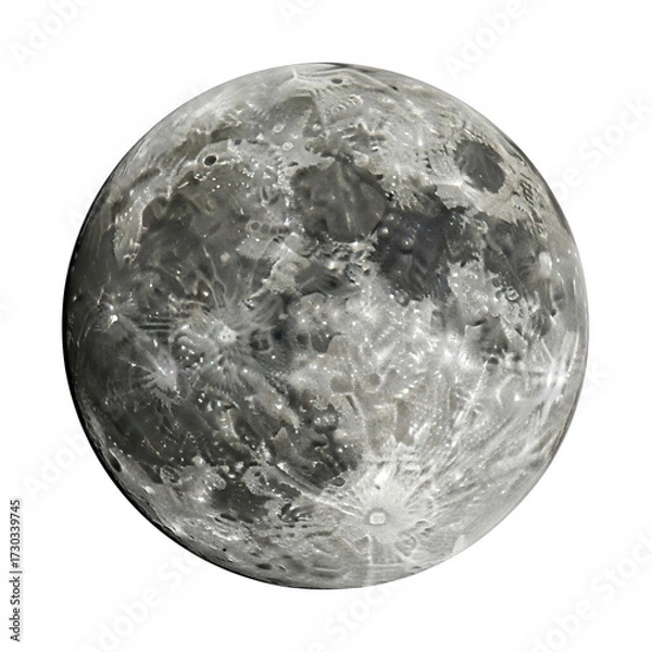 Fototapeta Detailed lunar surface with craters and maria against black void isolated on a transparent background