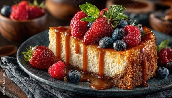 Fototapeta Caramel cheesecake slice topped with fresh berries