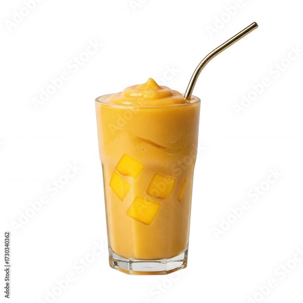 Fototapeta Orange smoothie with mango cubes and metal straw isolated on a transparent background drink beverage