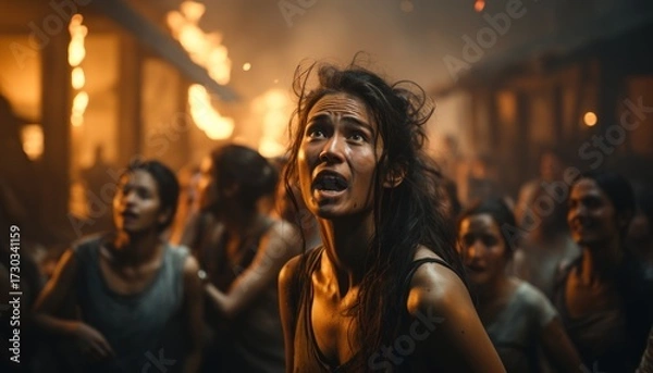 Fototapeta Terrified young woman looks upward in shock as flames engulf buildings behind her, surrounded by a crowd of distressed people fleeing from fire in a chaotic street scene
