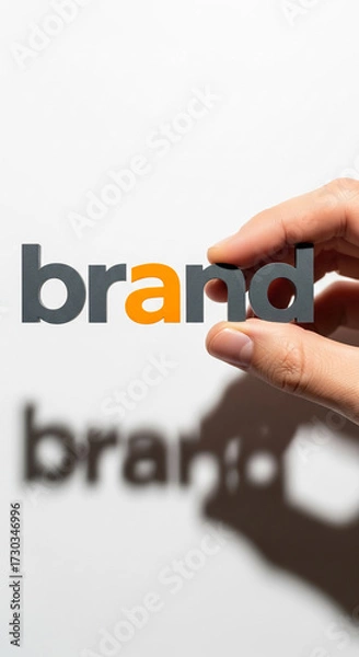Fototapeta Hand holding gray and orange letters spelling "brand", against white background Shadow below creates depth, showcasing branding concept