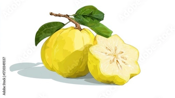 Fototapeta Two yellow quince fruits, one whole and one sliced, displaying a star shape