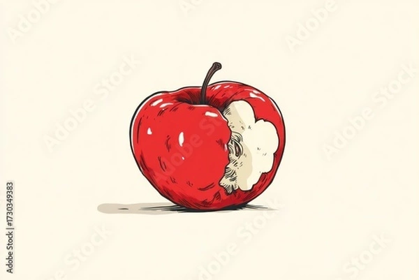 Fototapeta Red apple with bite taken out, hand-drawn style