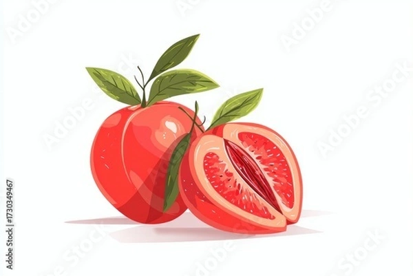 Fototapeta Two vibrant red citrus fruits, one whole, one halved, with leaves