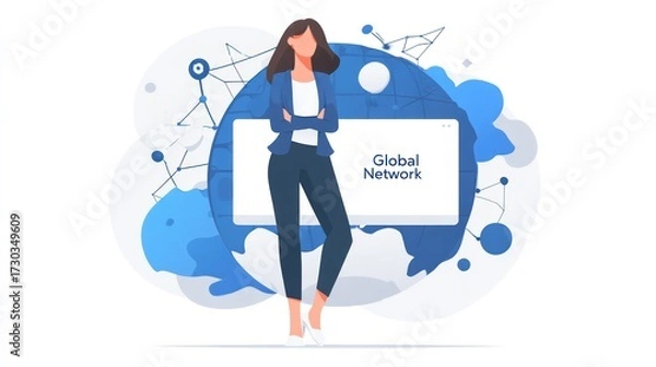 Fototapeta Woman in business attire stands confidently behind a large digital display showcasing a global network