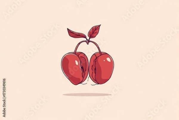 Fototapeta Two halved cherries, stylized, in flight