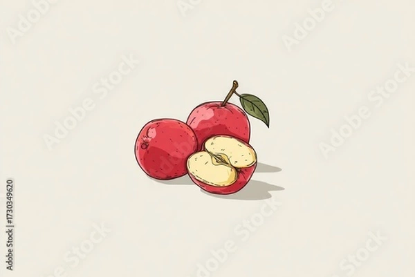 Fototapeta Two whole and one-half red apples, outlined and colored, with light beige background