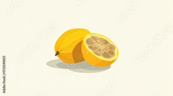Fototapeta Two yellow citrus fruits, one whole, one halved, showing segments