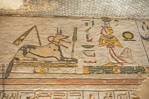 Fototapeta Hieroglyphic carvings in an ancient egyptian burial tomb