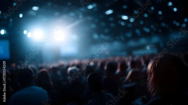 Fototapeta A blurred view of a large audience in a dimly lit venue illuminated by bright stage lights during an event