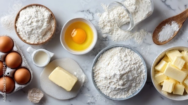 Fototapeta Ingredients for baking: flour, eggs, butter, and milk arranged on a marble surface, ideal for cooking projects.