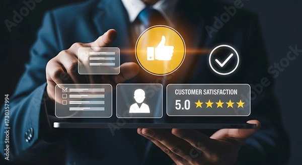 Fototapeta Businessman using digital tablet with customer satisfaction rating, 5-star review, thumbs up, feedback survey and client experience success concept