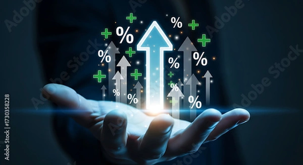 Fototapeta Businessman hand holding glowing upward arrows with percentage signs, business growth, profit increase, financial success and investment strategy concept