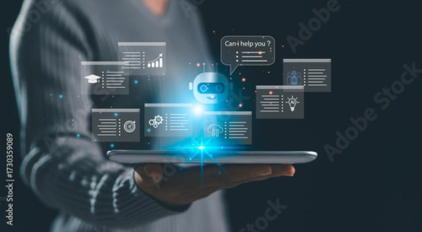 Fototapeta Futuristic AI assistant chatbot with digital interface floating above tablet, symbolizing innovation, technology, smart solutions, education, business and artificial intelligence support.