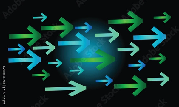 Fototapeta Group of arrows pointing in the same direction on a black background design