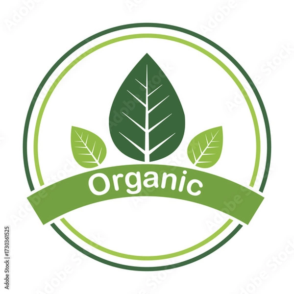 Fototapeta Organic product label isolated on white background with green leaves and text